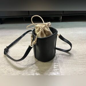 Black Vegan Leather Bucket Purse with Handle and Strap